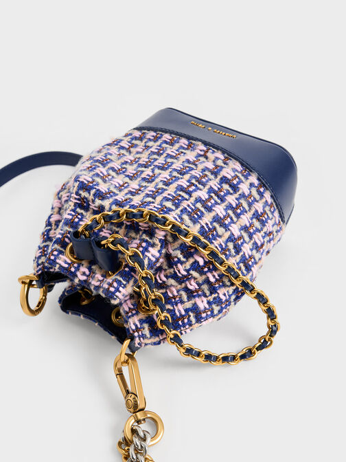 Dancer Tweed Drawstring Bucket Bag, Navy, hi-res