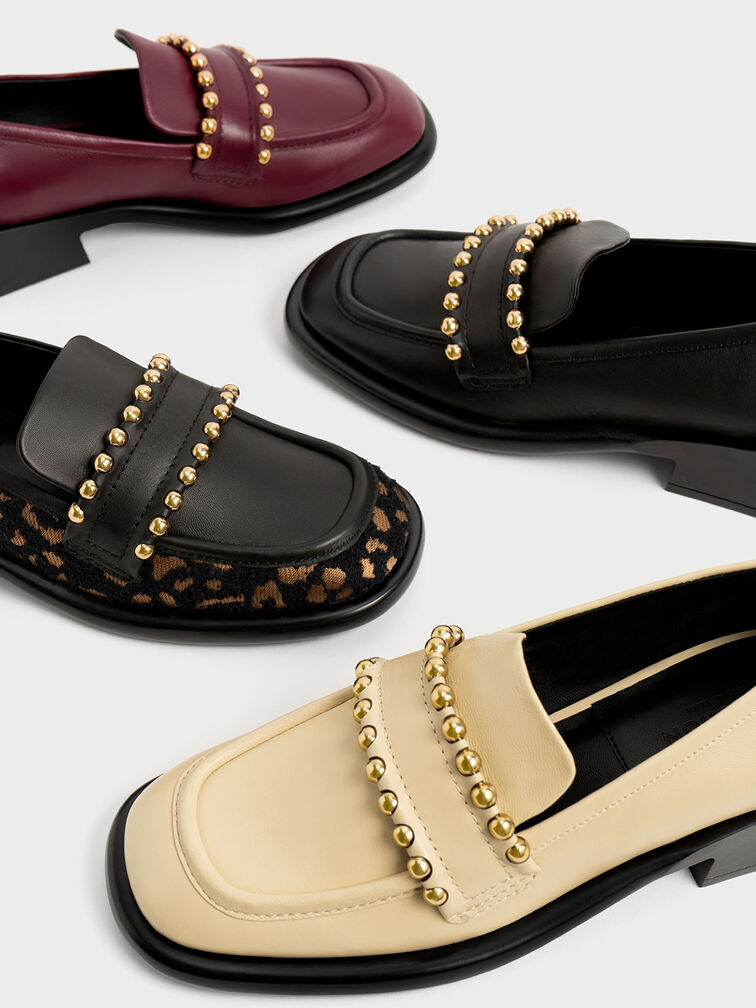 Studded Leather Penny Loafers, Prune, hi-res