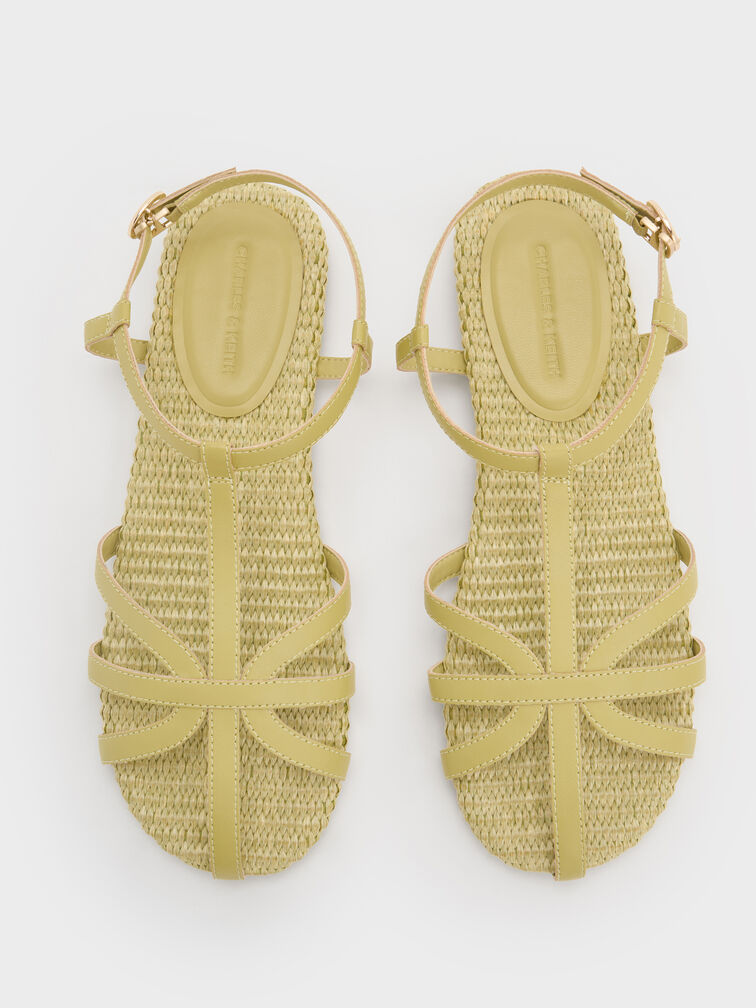 Sandalias de rafia con tiras en T y correa al tobillo, Verde oliva, hi-res