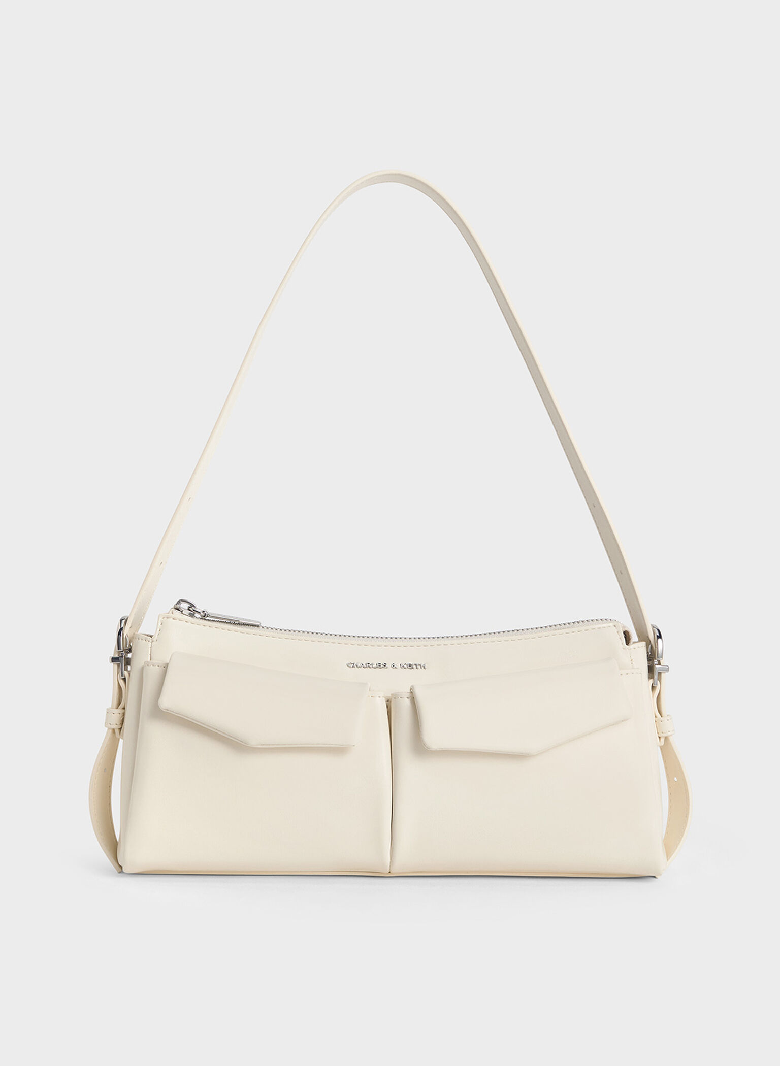 Bolso alargado Rachel con asa de cadena y bolsillo delantero, Crema, hi-res