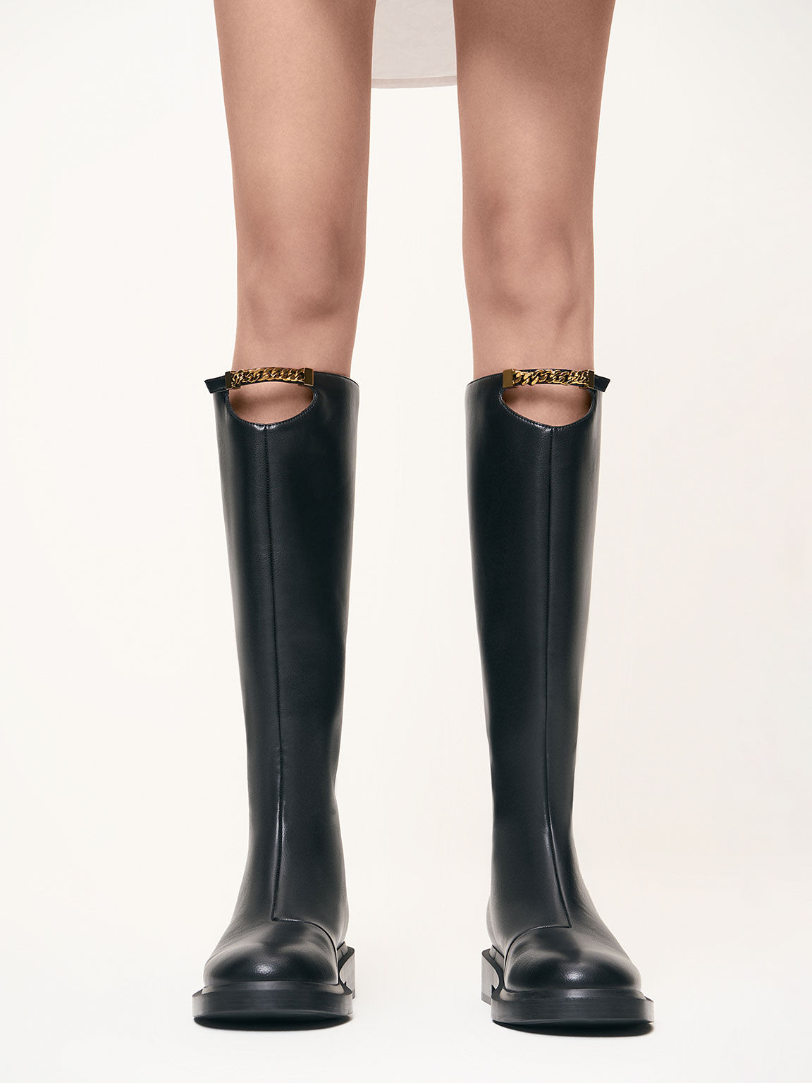 Chain-Link Cut-Out Knee-High Boots, Black, hi-res