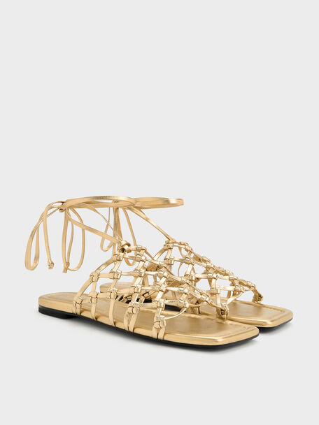 Woven Tie-Around Net Sandals, Gold, hi-res