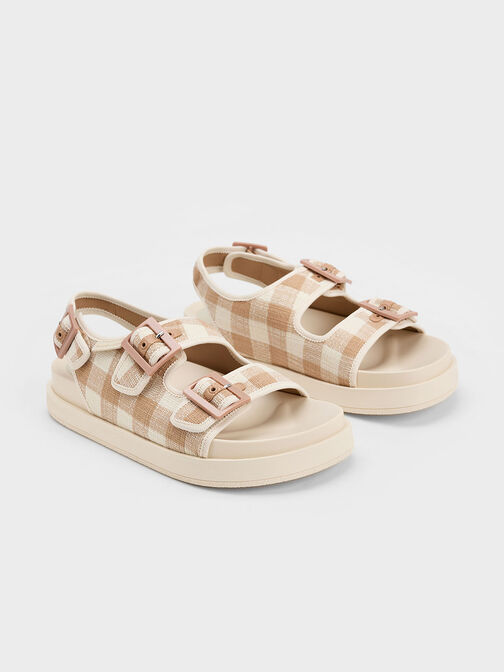 Della Gingham Buckled Flatform Sandals, Sand, hi-res