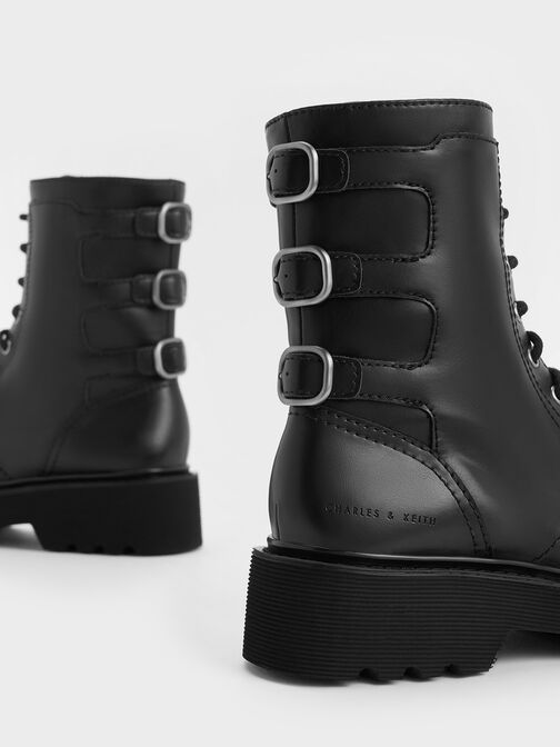 造型釦厚底綁帶短靴, 黑色, hi-res