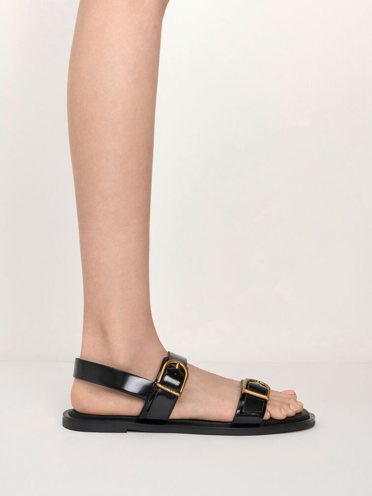 Double Buckle-Strap Slingback Sandals, Black Box, hi-res
