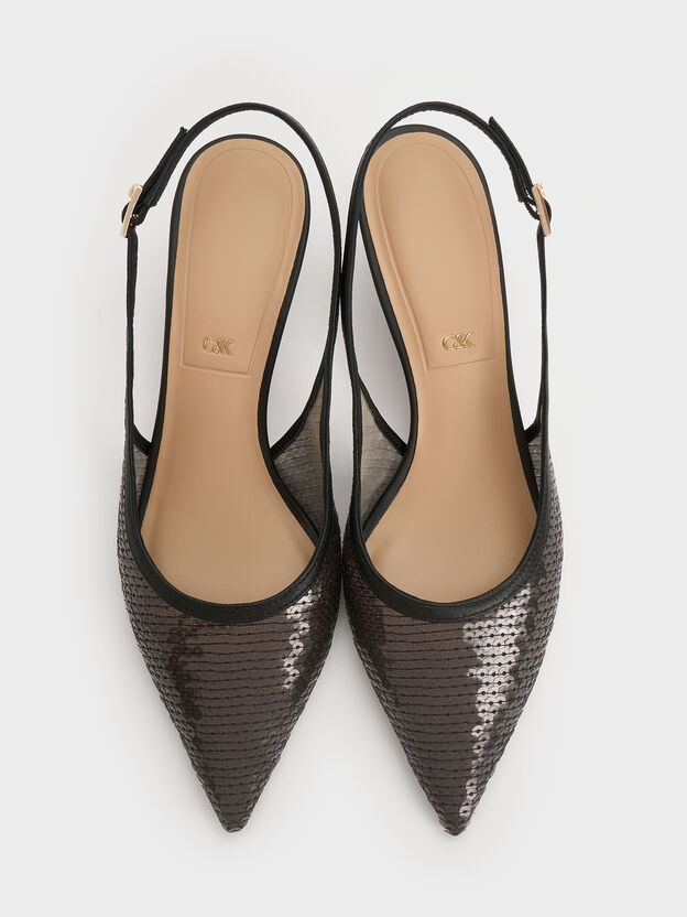 Sandales en maille paillet&eacute;e et cuir &agrave; talon et bride de cheville, Noir Textur&eacute;, hi-res