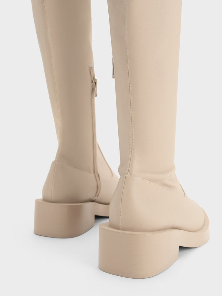 Side Zip Knee-High Boots, Beige, hi-res