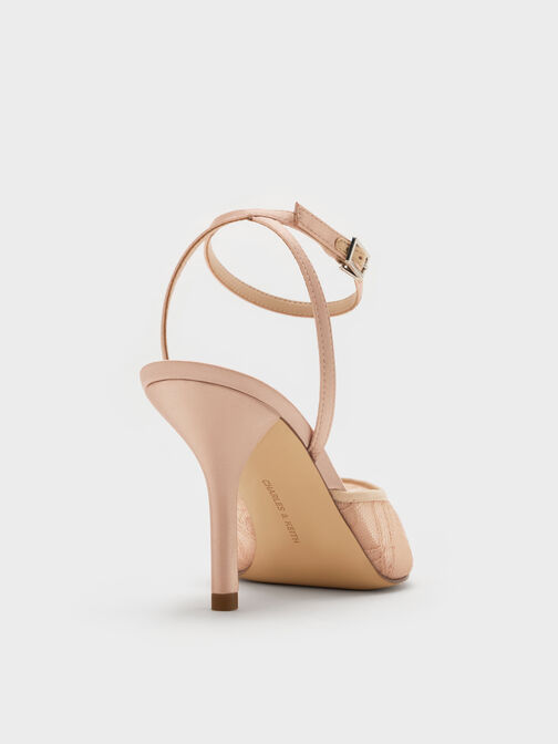 Lace & Satin Peep-Toe Heels, Nude, hi-res