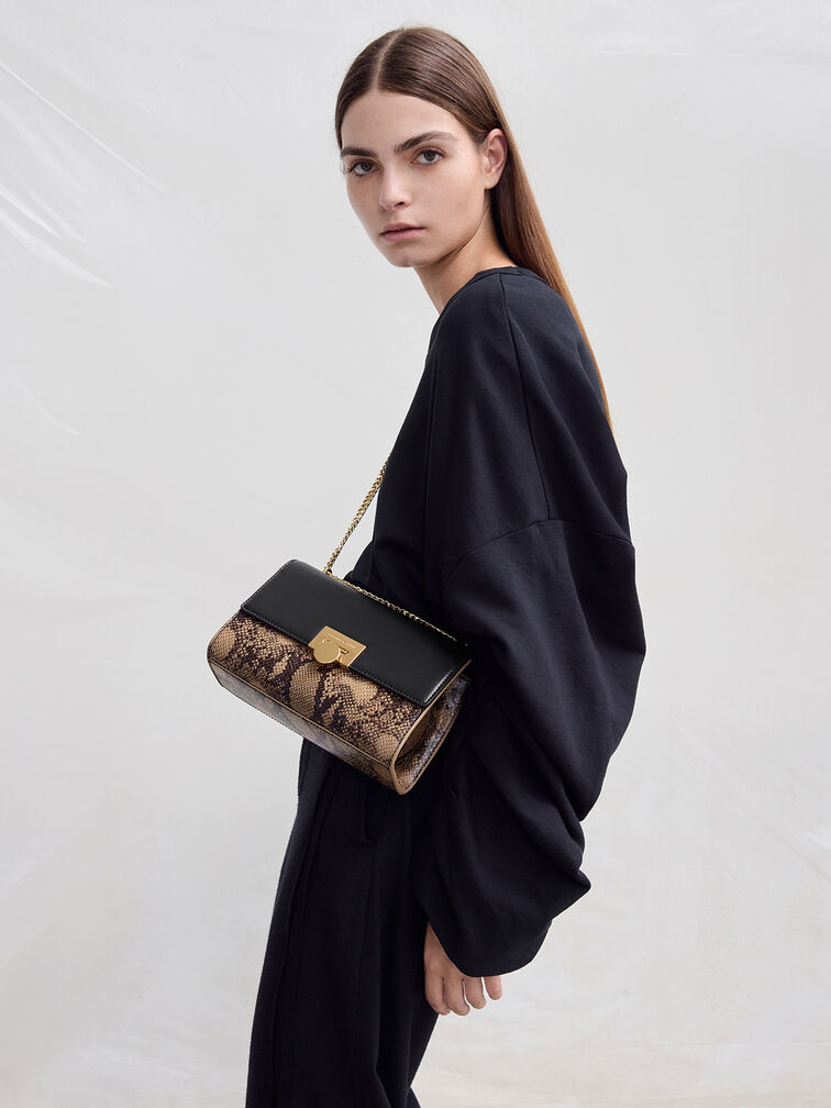 Ebba Snake Print Chain-Strap Bag, Beige, hi-res