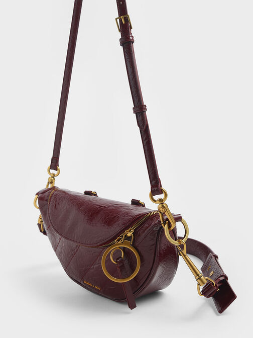 Philomena Wrinkled Effect Semi-Circle Crossbody Bag, Burgundy, hi-res
