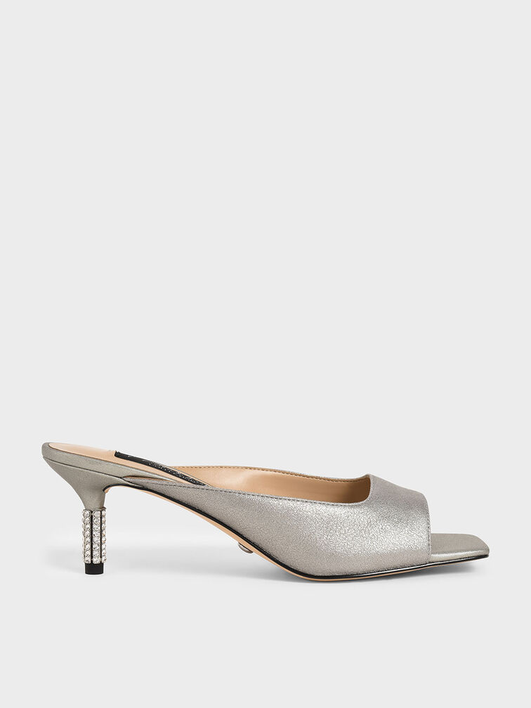 Metallic Leather Gem-Embellished Mules, Silver, hi-res