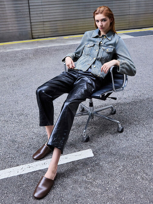 Padded Covered Flat Mules, Brown, hi-res