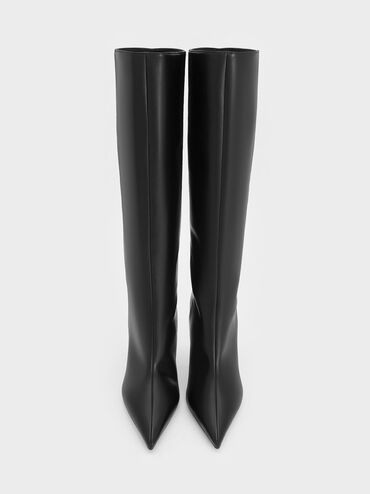 Botas de cano alto com salto agulha e bico fino, Black, hi-res