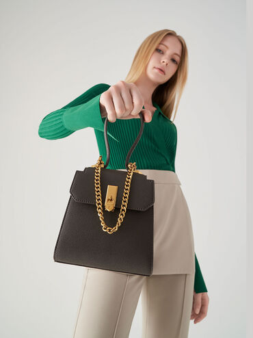 Geometric Top Handle Chain-Link Bag, Dark Moss, hi-res