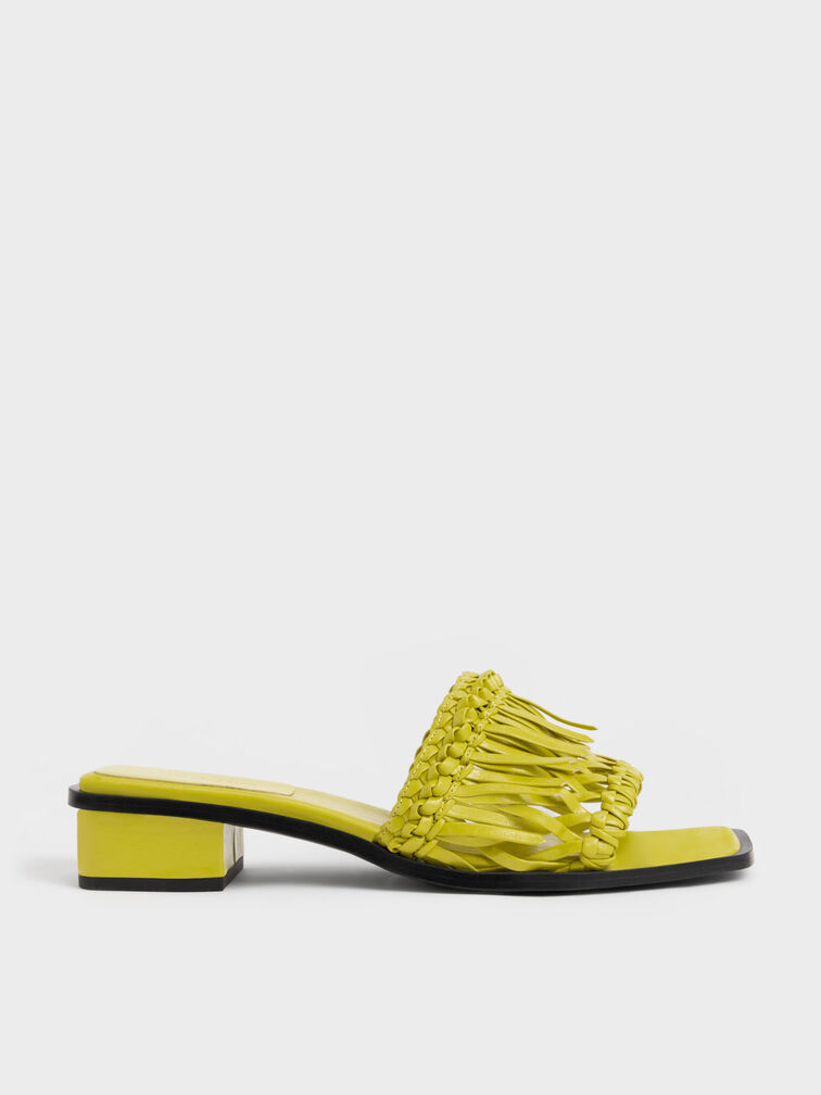 Wrinkled Patent Fringe Sandals, Lime, hi-res