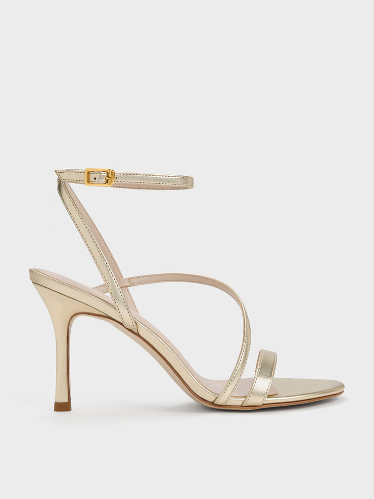 Metallic Asymmetric Strappy Heeled Sandals, Gold, hi-res