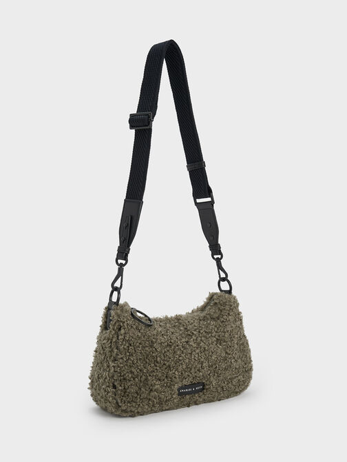 Philomena Furry Chain-Strap Crossbody Bag, Khaki, hi-res