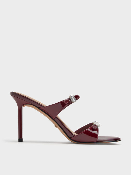 Patent Leather Gem-Buckle Double-Strap Heeled Sandals, Burgundy, hi-res