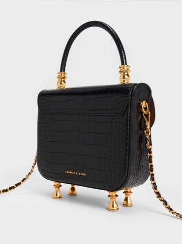 Meriah Croc-Embossed Top Handle Bag, Black, hi-res