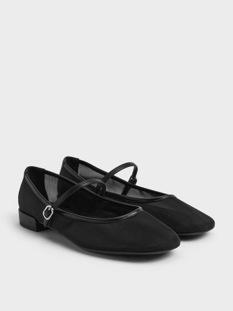 Gertrude Mesh Mary Jane Flats, Black Textured, hi-res