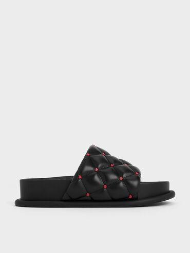Dahlia Padded Quilted Heart-Print Sandals, Black, hi-res