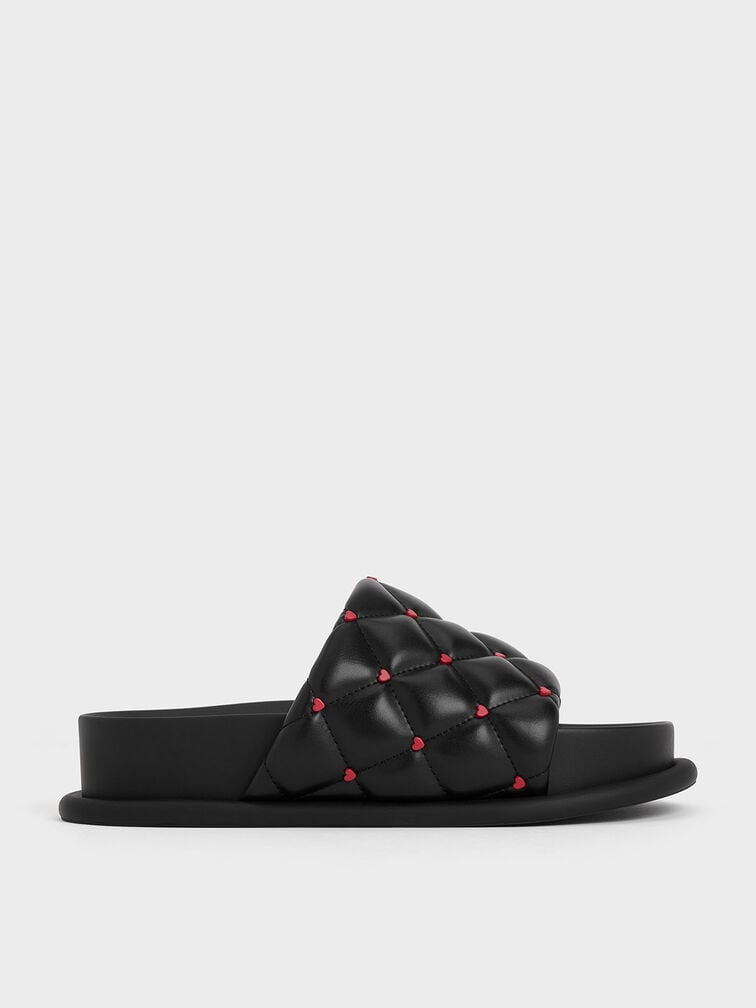 Dahlia Padded Quilted Heart-Print Sandals - Black