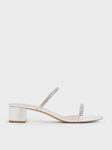 Ambrosia Metallic Gem-Embellished Mules, Silver, hi-res