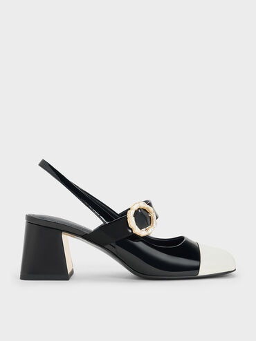 Black Patent Two-Tone Pearl Buckle Slingback Pumps - CHARLES & KEITH US