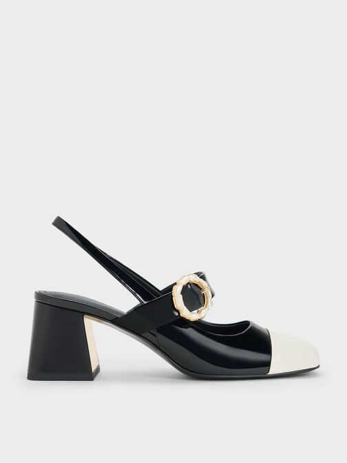 珍珠釦環粗跟瑪莉珍鞋, 漆面黑, hi-res