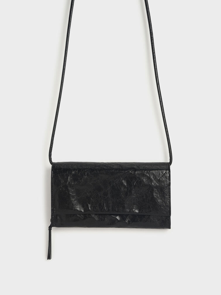 Crumpled-Effect Front Flap Long Wallet, Black, hi-res