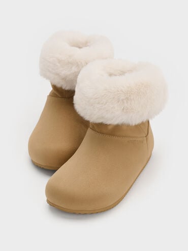 Girls' Faux Suede & Faux Fur Foldover Ankle Boots, Sand, hi-res