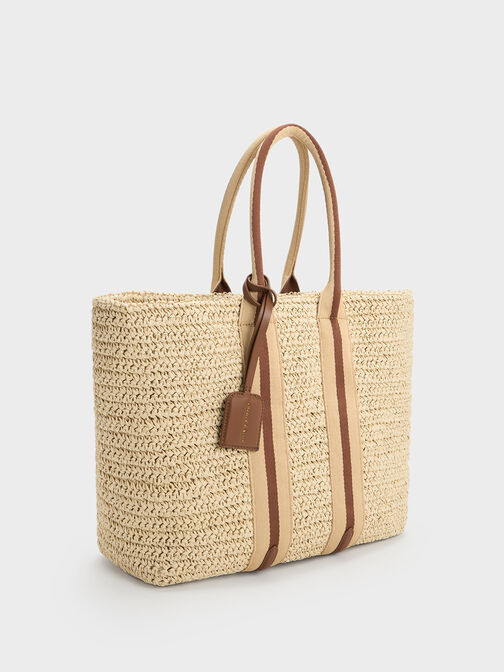 Striped Handles Raffia Tote Bag, Chocolate, hi-res