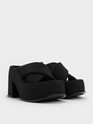 Black Textured Toni Puffy-Strap Crossover Platform Mules - CHARLES 