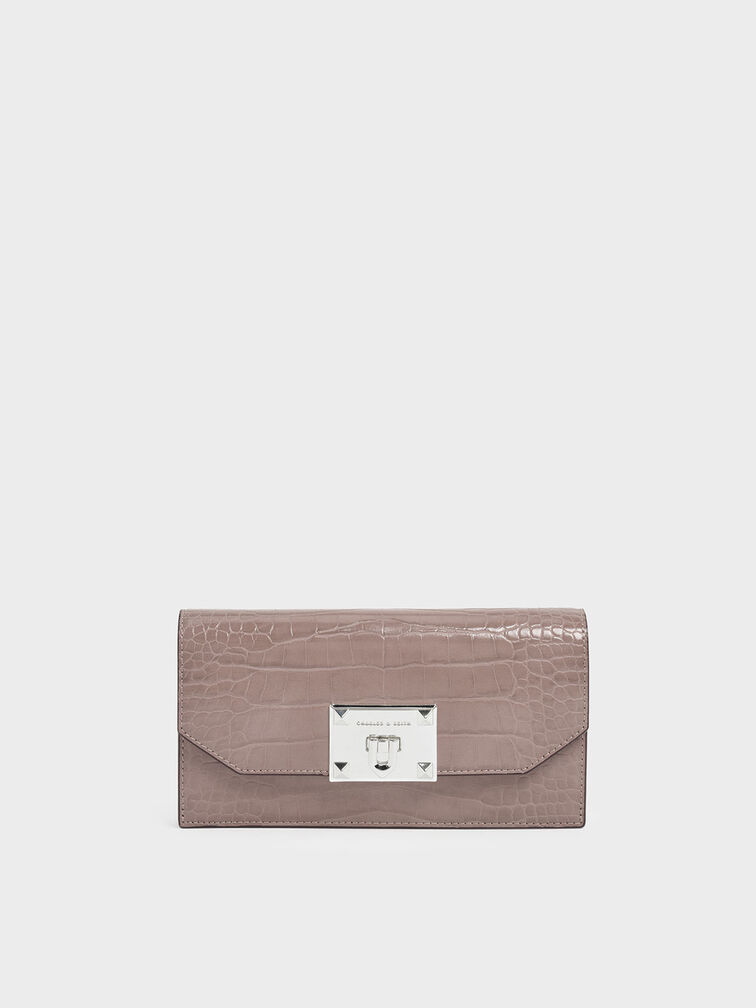 Croc-Effect Push Lock Flap Wallet, Mauve, hi-res