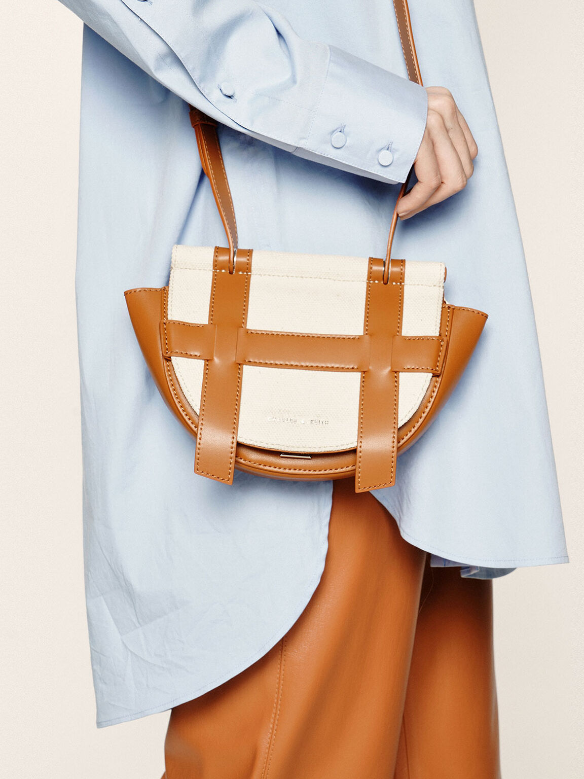 Beige Small Caged Canvas Crossbody Bag  CHARLES  KEITH  SG