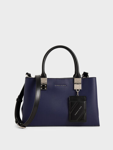 Double Top Handle Structured Bag, Dark Blue, hi-res