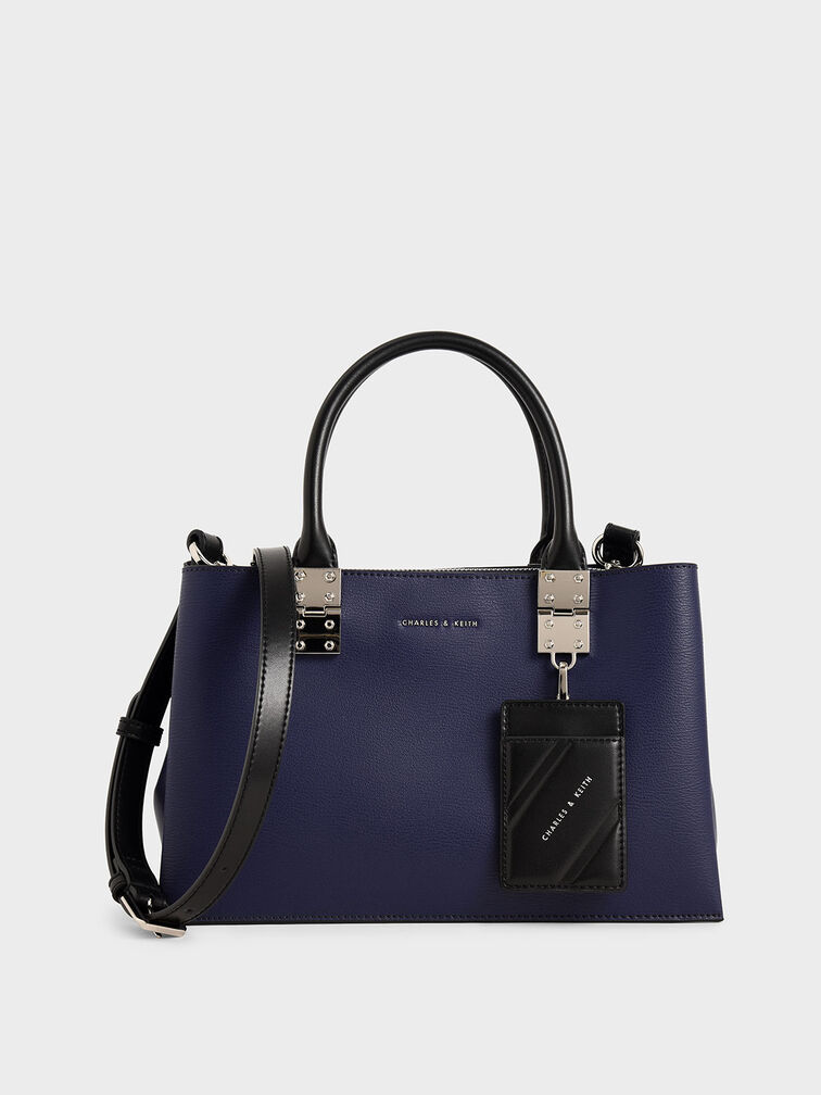 Double Top Handle Structured Bag, Dark Blue, hi-res