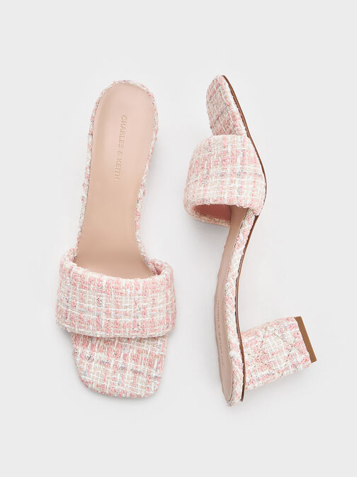 Tweed Quilted-Heel Mules, Light Pink, hi-res