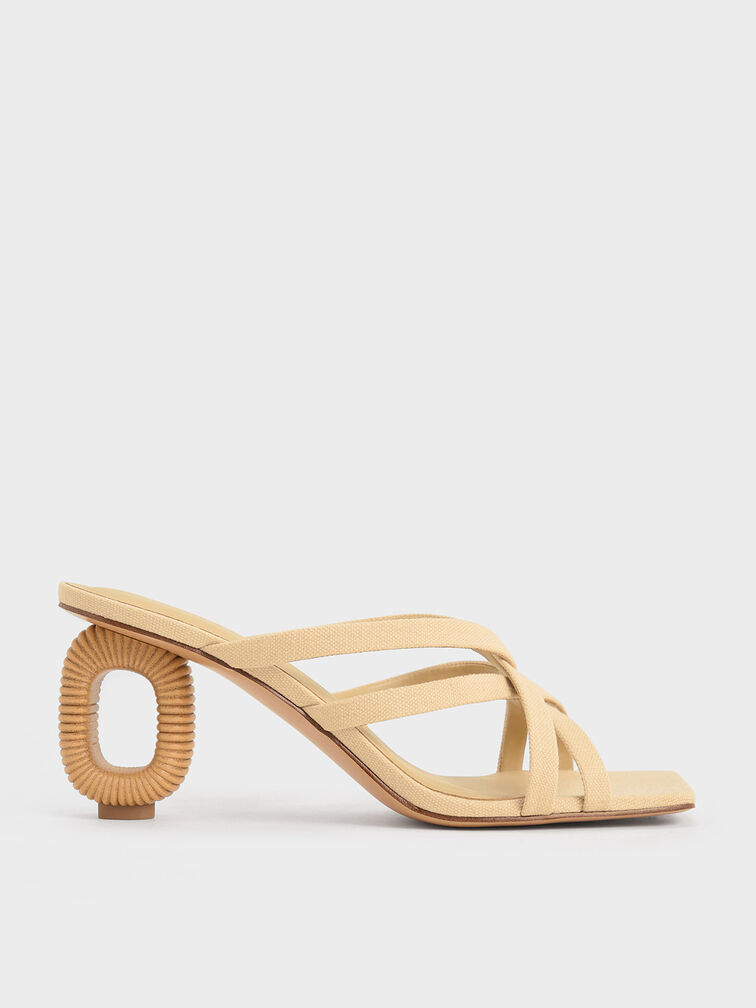 Linen Sculptural-Heel Strappy Mules, Beige, hi-res