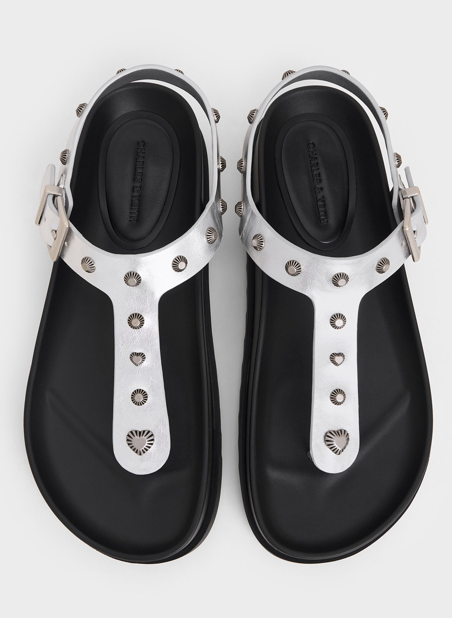 Metallic Studded Heart-Embellished Thong Sandals, Silver, hi-res