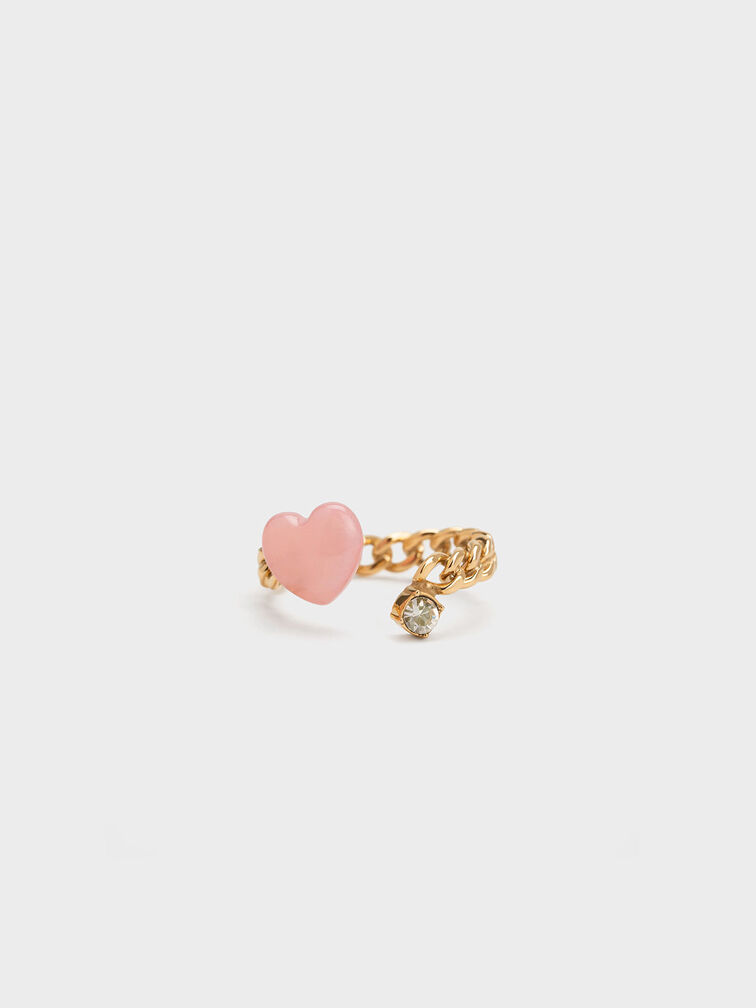 Heart Embellished Chain-Link Ring, Pink, hi-res