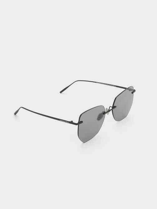 Rimless Geometric Sunglasses, Black, hi-res