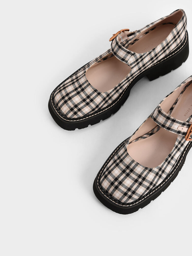 Metallic Buckle Check-Print Mary Janes, Multi, hi-res