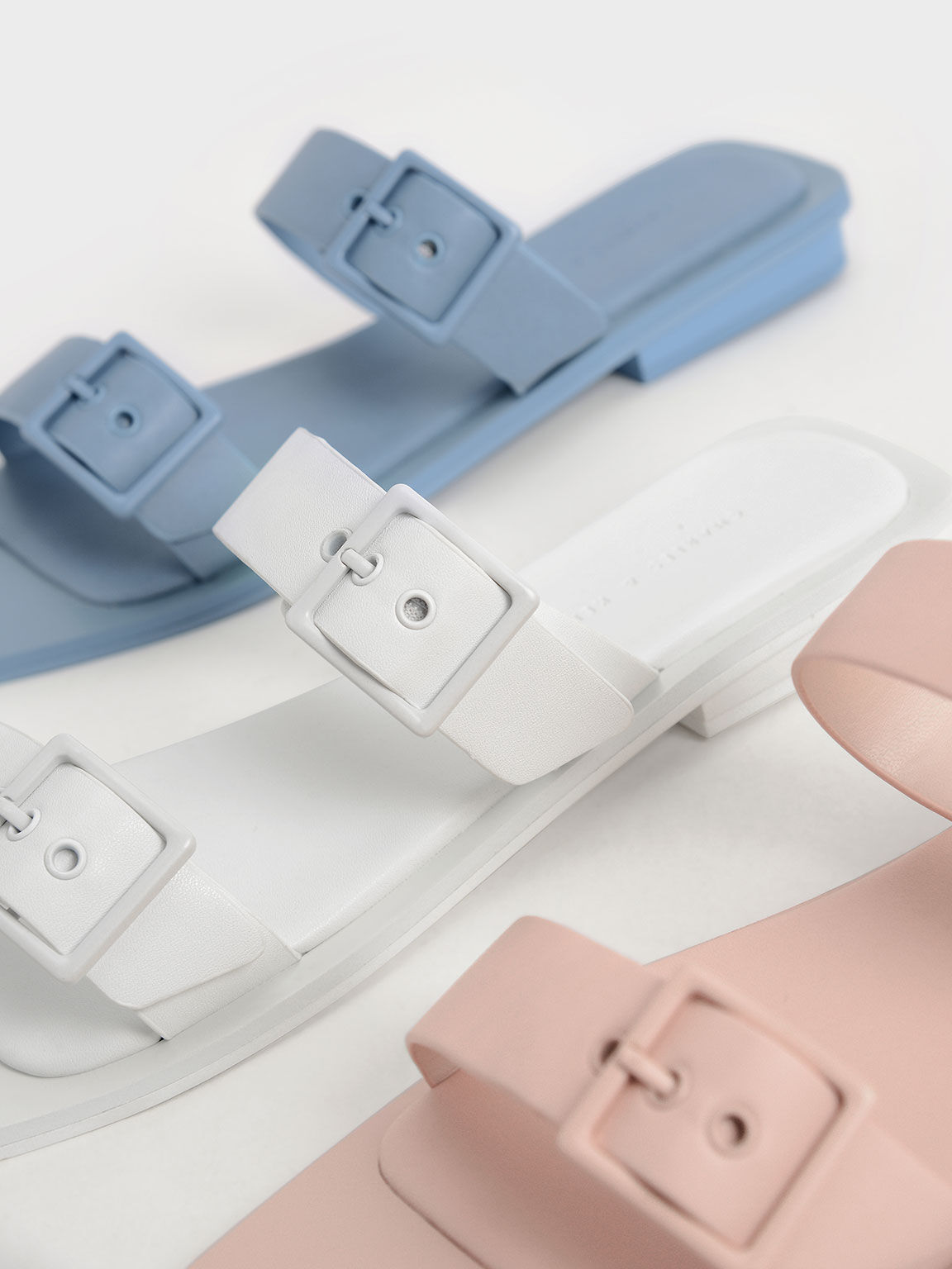 Square Toe Buckled Slide Sandals, White, hi-res
