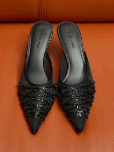 Mesh Sequinned Heeled Mules, Black Textured, hi-res