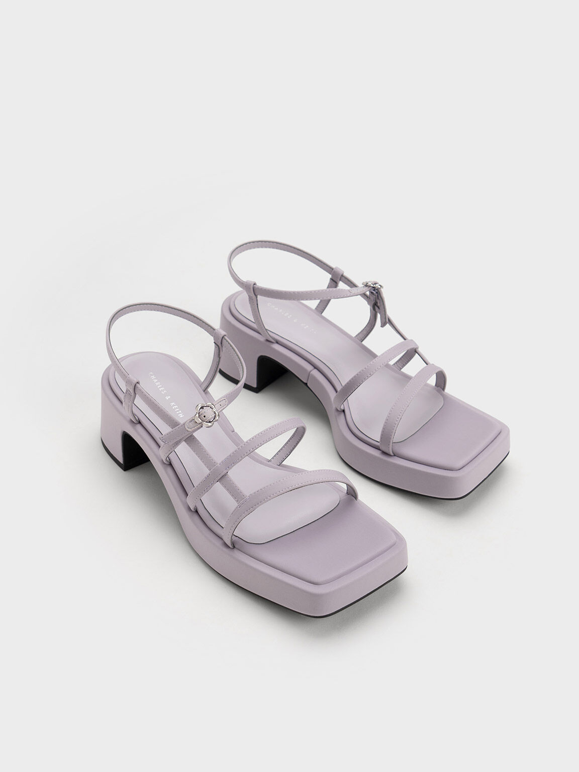 Flower-Buckle Strappy Sandals, Lilac, hi-res