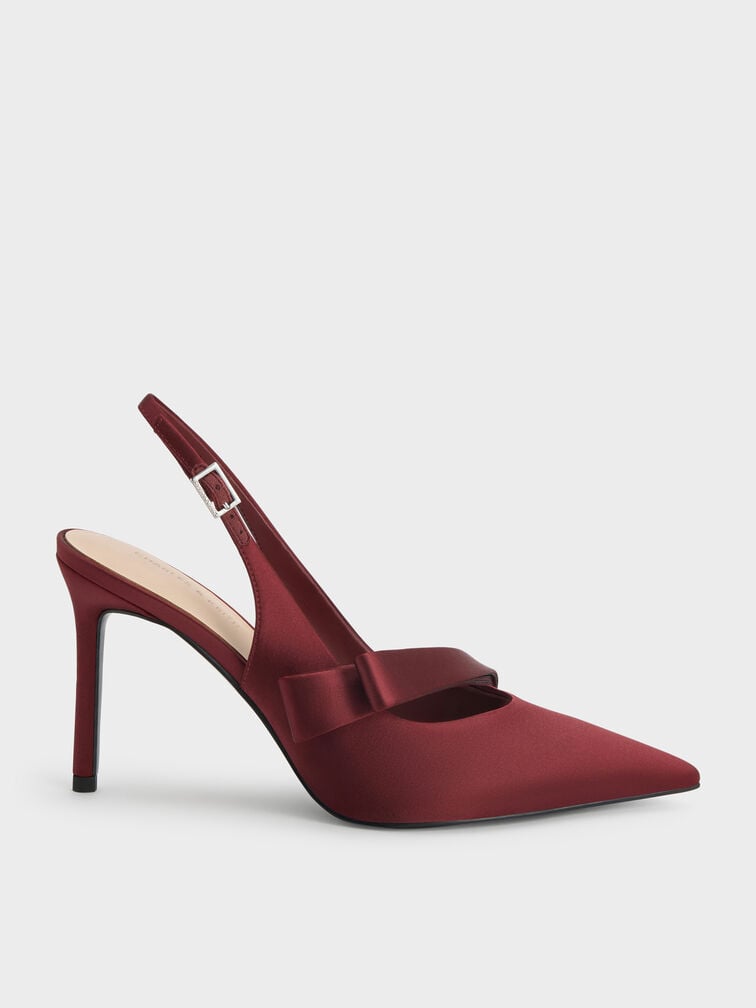 Satin Pleated-Strap Slingback Pumps, Red, hi-res