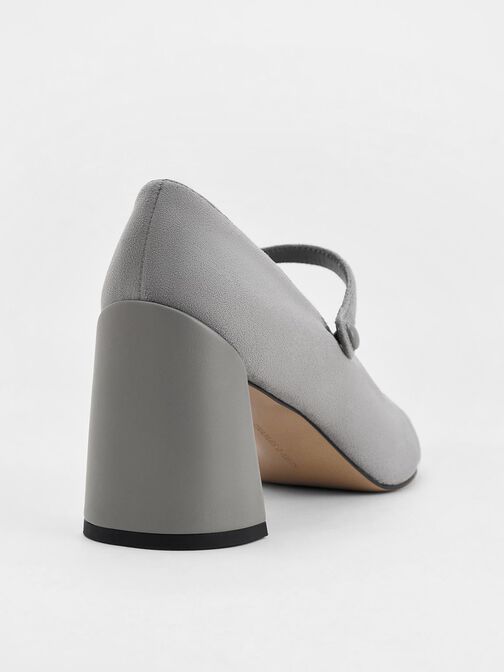Faux Suede Cap-Toe Pointed Mary Jane Pumps, Grey, hi-res