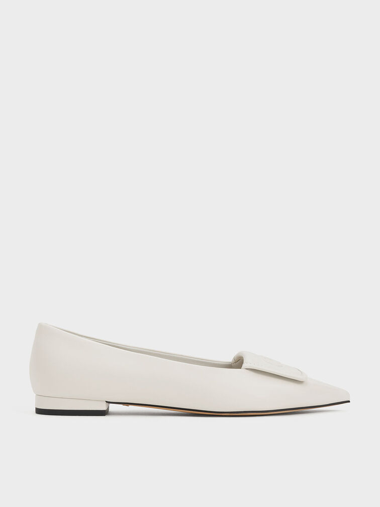 Leather Pointed-Toe Flats, White, hi-res