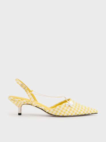 Houndstooth Flower-Accent Chain-Link Kitten-Heel Pumps, Yellow, hi-res